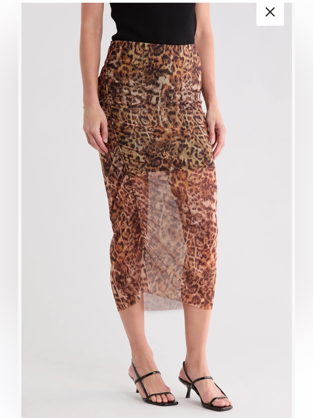 NWT AllSaints Nora Leopard Print Midi Skirt Mesh Sheer Ruched Size 8